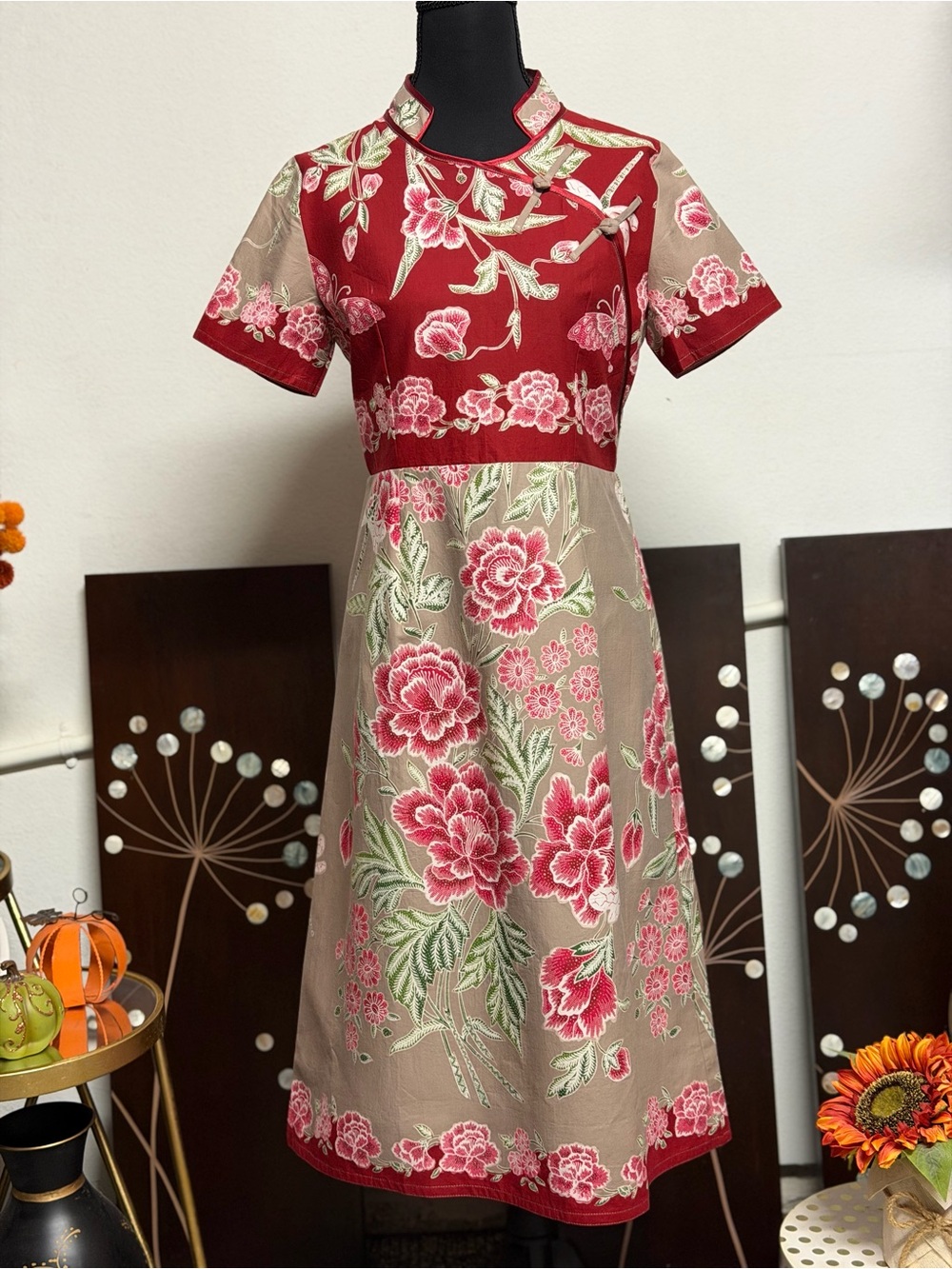 Floral Red & Beige A-Line BATIK Dress